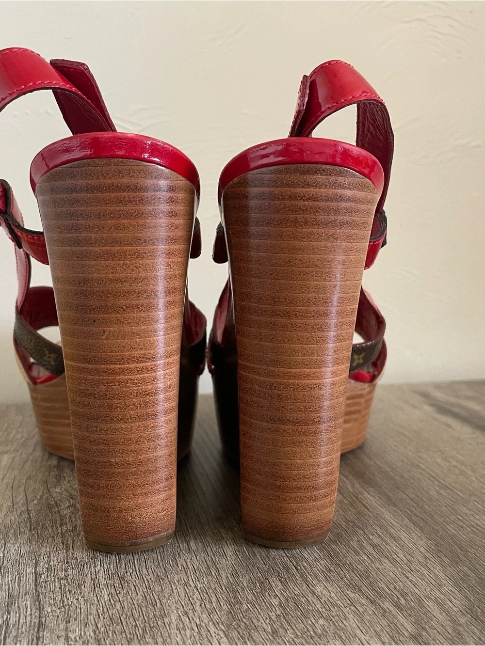 Louis Vuitton Red Patent Wedge Sandals with Brown Monogram Straps